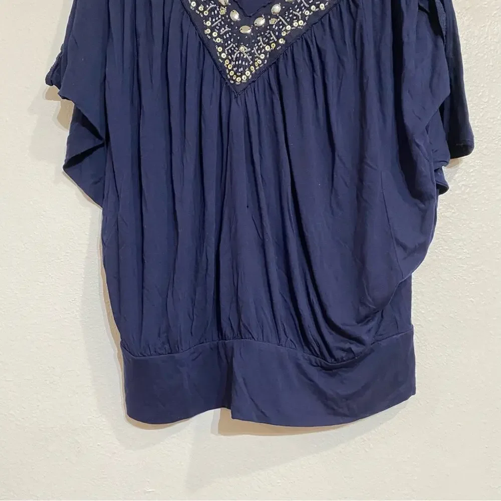 White House Black Market Navy Embellished Trim V-Neck Blouse Sz M